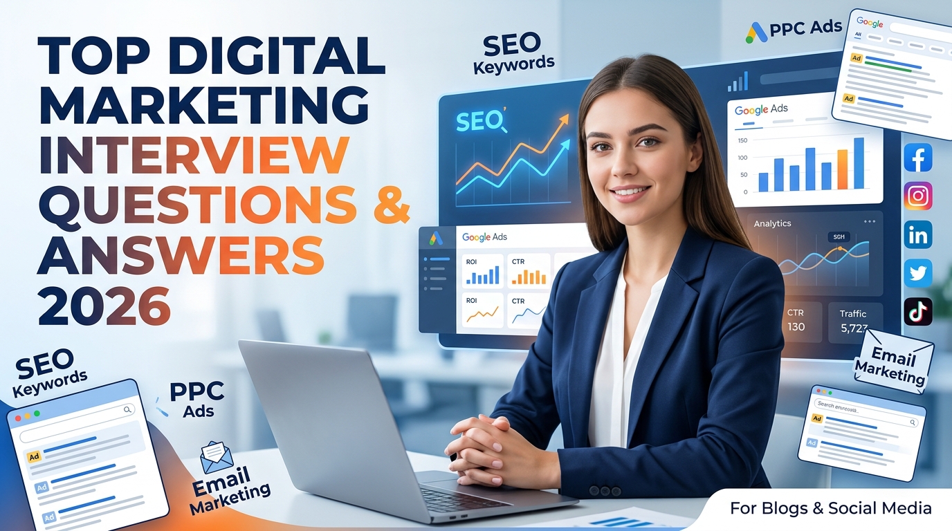 Professional digital marketing interview thumbnail showing a candidate in a job interview with SEO, PPC, analytics, social media marketing, and Google Ads elements for a digital marketing interview questions and answers