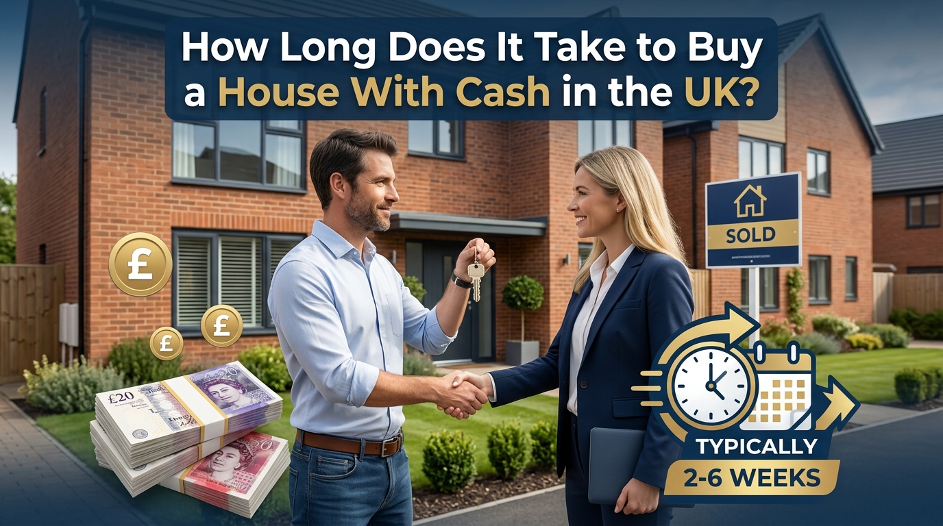 Professional real estate thumbnail showing a cash buyer shaking hands with an estate agent outside a modern UK house with a sold sign, house keys, pound sterling symbols, and a clock representing fast cash house buying in the UK.