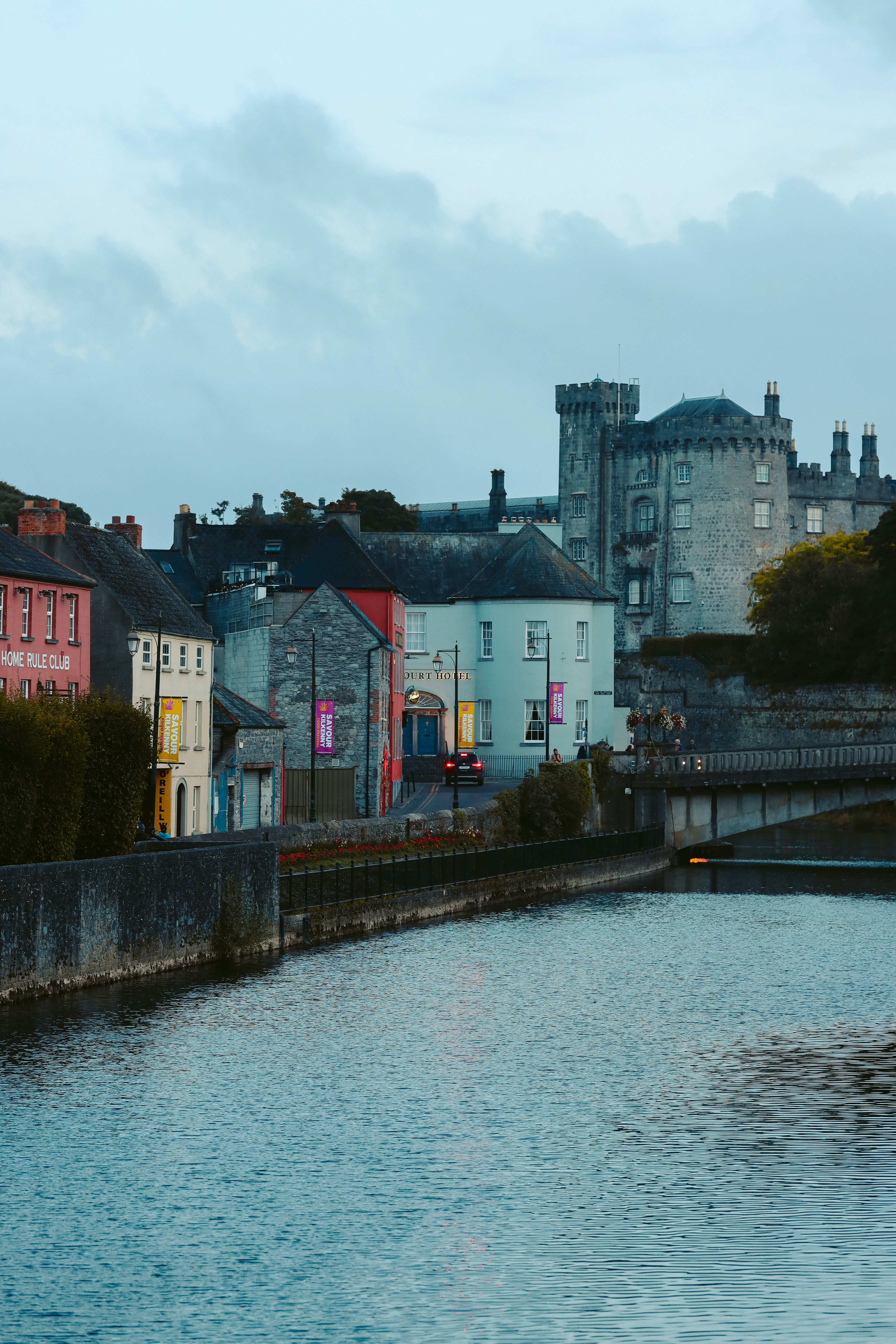 Street view of a traditional Irish town with residential houses.