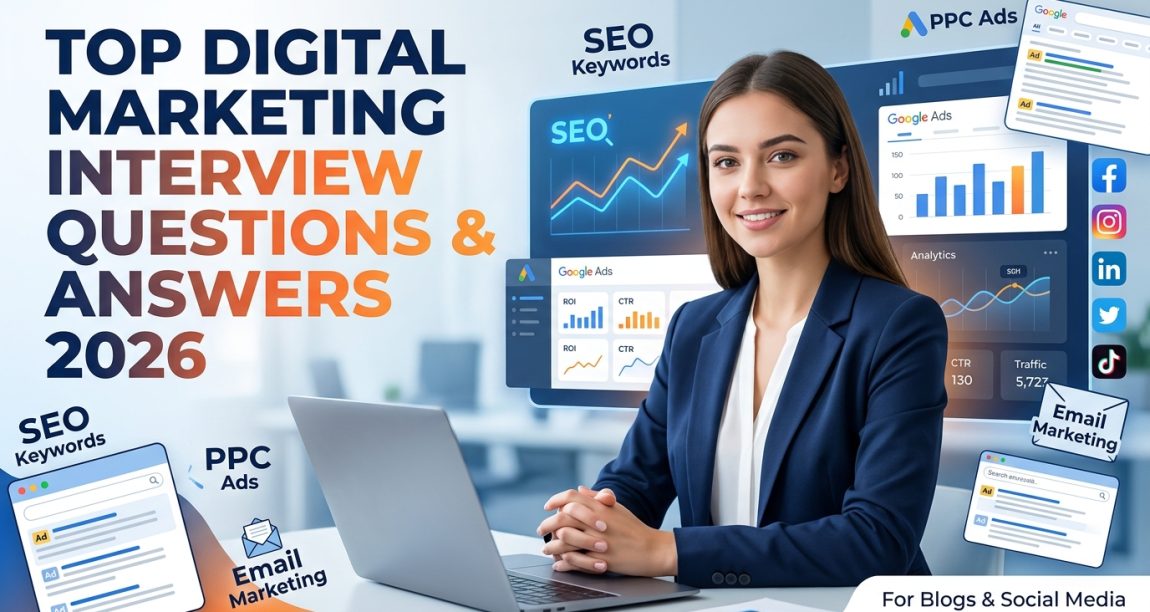 Professional digital marketing interview thumbnail showing a candidate in a job interview with SEO, PPC, analytics, social media marketing, and Google Ads elements for a digital marketing interview questions and answers