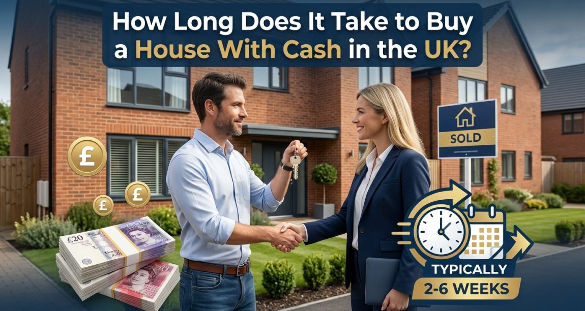 Professional real estate thumbnail showing a cash buyer shaking hands with an estate agent outside a modern UK house with a sold sign, house keys, pound sterling symbols, and a clock representing fast cash house buying in the UK.